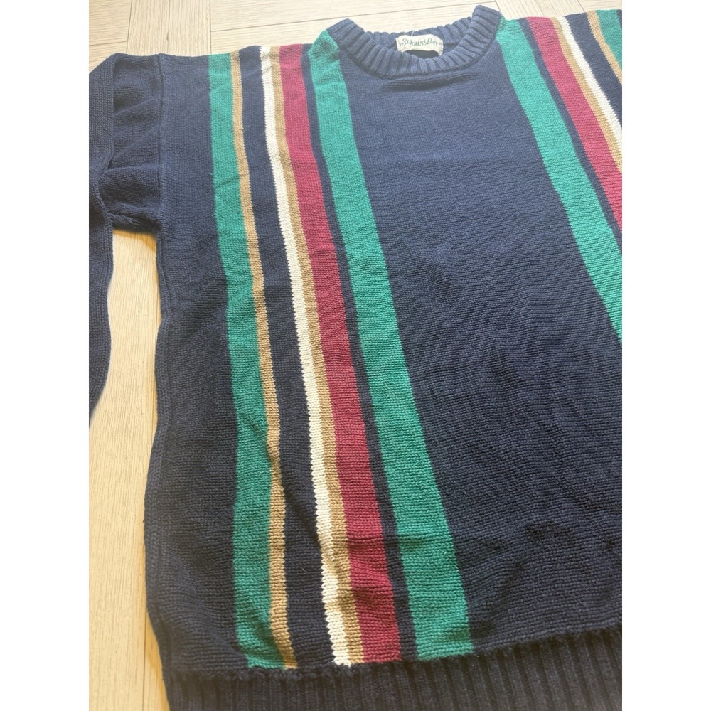 St Johns Bay Vintage Knit Sweater Mens L Navy Blue Striped Long Sleeve 90s